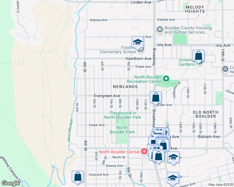 map of restaurants, bars, coffee shops, grocery stores, and more near 3150 8th Street in Boulder