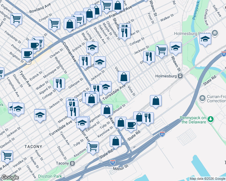 map of restaurants, bars, coffee shops, grocery stores, and more near 4611 Bleigh Avenue in Philadelphia