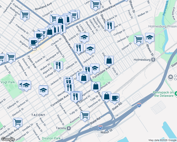 map of restaurants, bars, coffee shops, grocery stores, and more near 4525 Cottman Avenue in Philadelphia