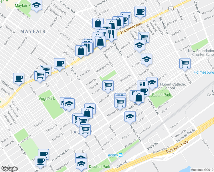 map of restaurants, bars, coffee shops, grocery stores, and more near 7138 Cottage Street in Philadelphia