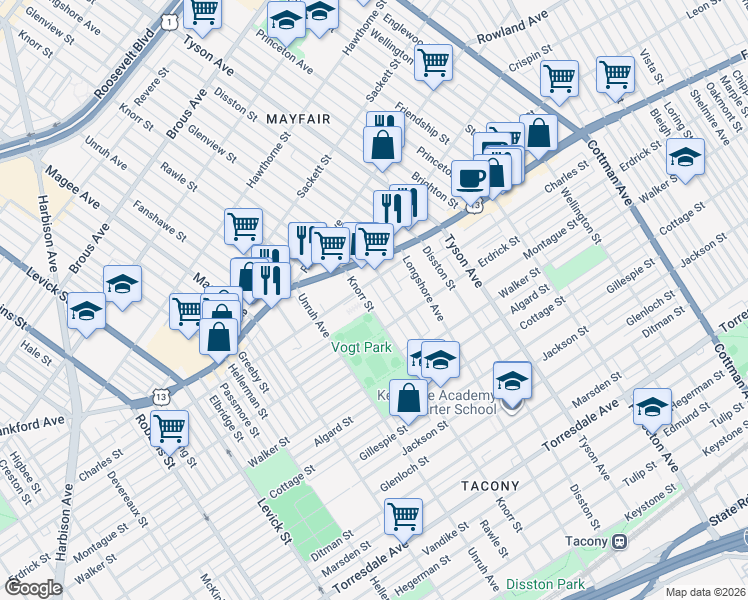 map of restaurants, bars, coffee shops, grocery stores, and more near 4100 Glenview Street in Philadelphia