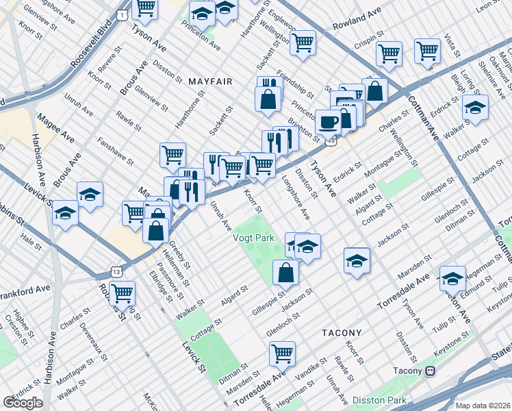map of restaurants, bars, coffee shops, grocery stores, and more near 4100 Glenview Street in Philadelphia