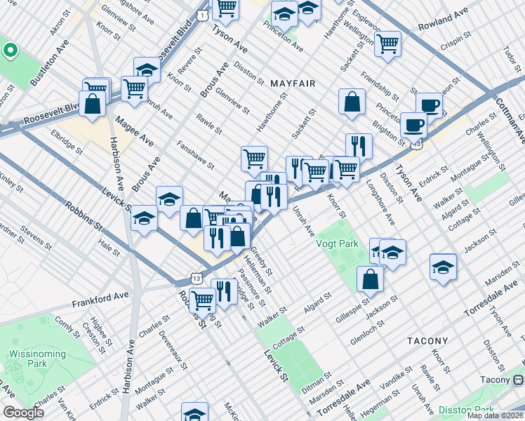 map of restaurants, bars, coffee shops, grocery stores, and more near 3201 Fanshawe Street in Philadelphia