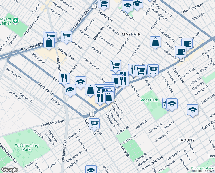 map of restaurants, bars, coffee shops, grocery stores, and more near 3123 Magee Avenue in Philadelphia