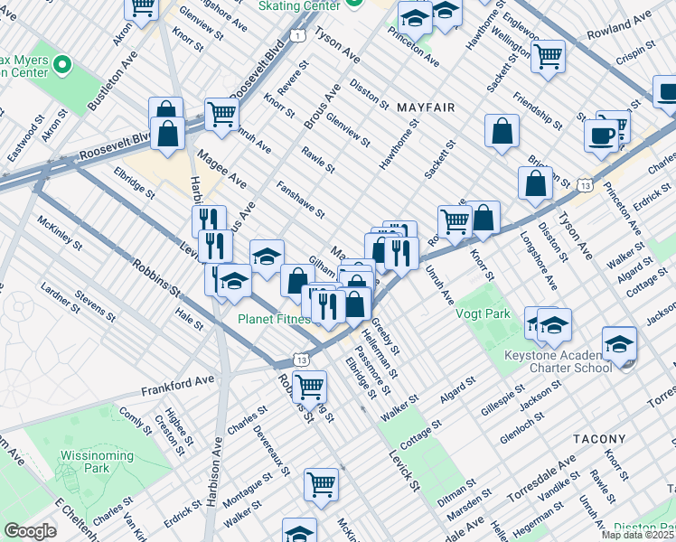 map of restaurants, bars, coffee shops, grocery stores, and more near 3135 Gilham Street in Philadelphia