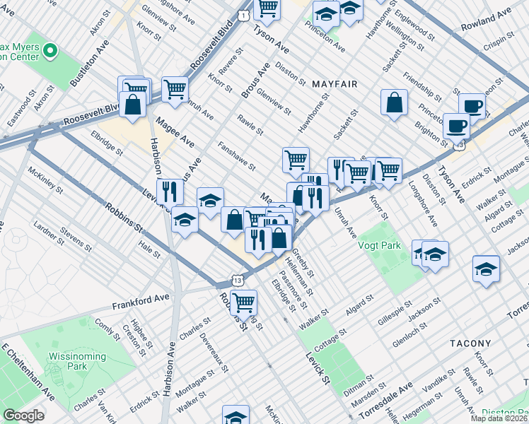 map of restaurants, bars, coffee shops, grocery stores, and more near 3123 Magee Avenue in Philadelphia