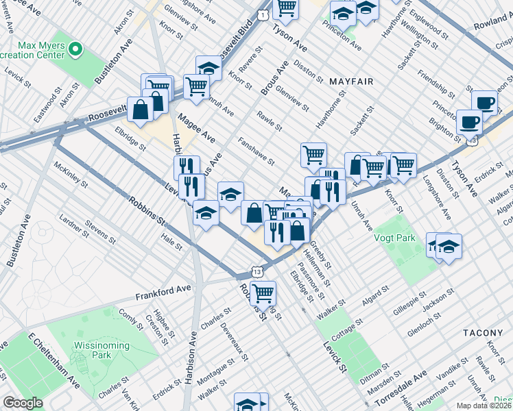 map of restaurants, bars, coffee shops, grocery stores, and more near 3041 Gilham Street in Philadelphia