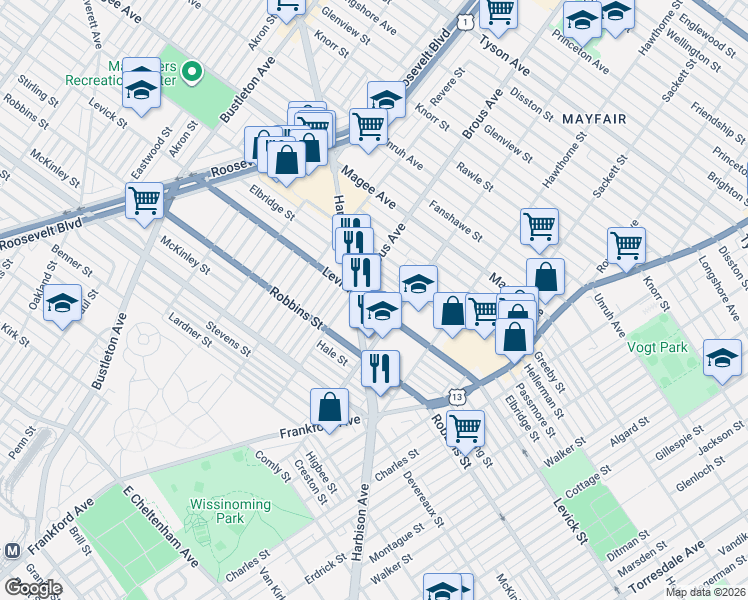 map of restaurants, bars, coffee shops, grocery stores, and more near 6401 Harbison Avenue in Philadelphia