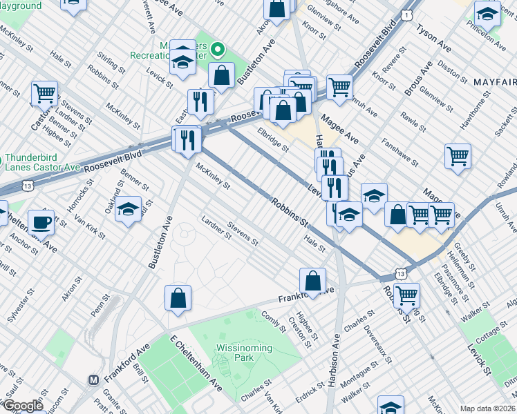 map of restaurants, bars, coffee shops, grocery stores, and more near 6255 Farnsworth Street in Philadelphia