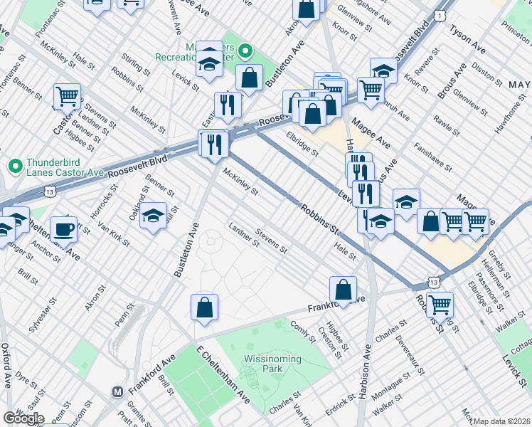 map of restaurants, bars, coffee shops, grocery stores, and more near 2129 McKinley Street in Philadelphia