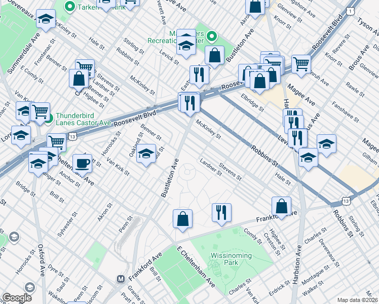 map of restaurants, bars, coffee shops, grocery stores, and more near 2013 Lardner Street in Philadelphia