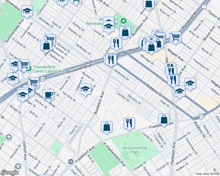 map of restaurants, bars, coffee shops, grocery stores, and more near 2013 Lardner Street in Philadelphia