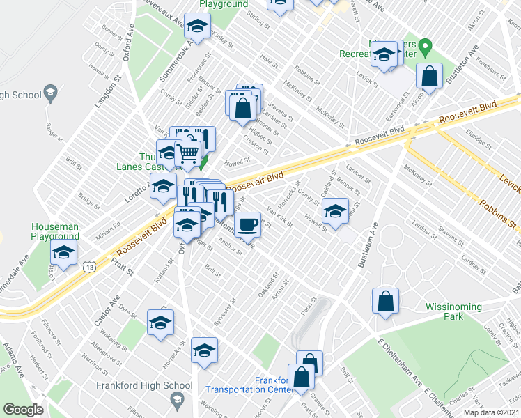 map of restaurants, bars, coffee shops, grocery stores, and more near 5901 Roosevelt Boulevard in Philadelphia