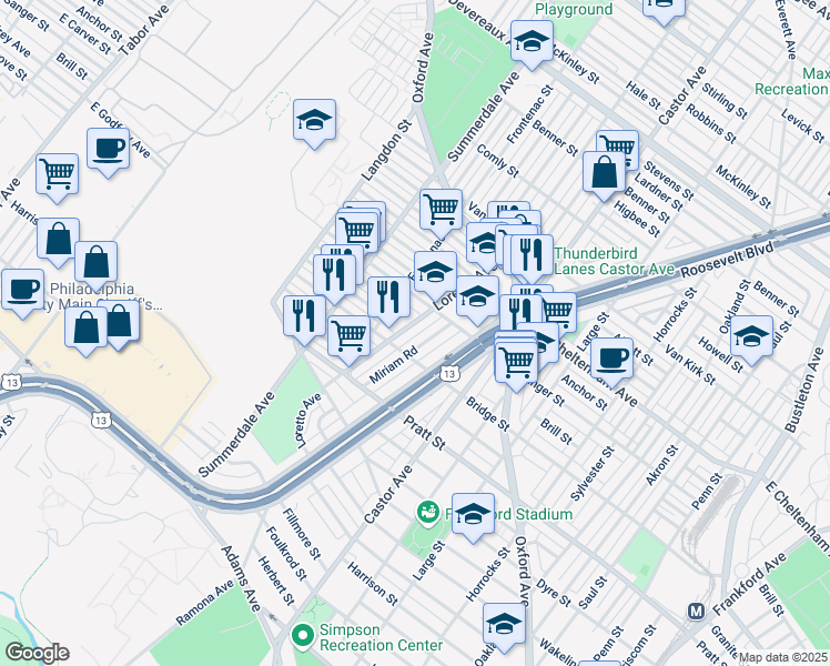 map of restaurants, bars, coffee shops, grocery stores, and more near 980 Sanger Street in Philadelphia