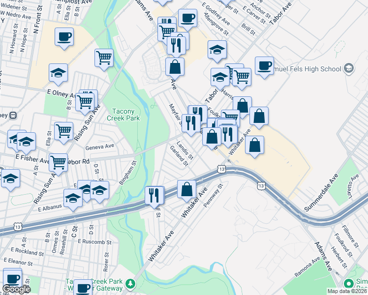map of restaurants, bars, coffee shops, grocery stores, and more near 5231 North Tabor Road in Philadelphia