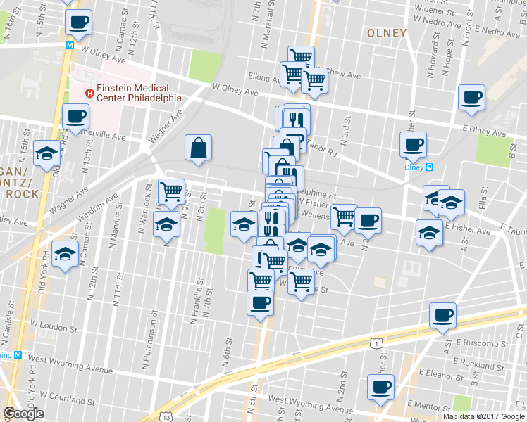 map of restaurants, bars, coffee shops, grocery stores, and more near 5265 North 6th Street in Philadelphia
