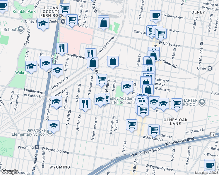 map of restaurants, bars, coffee shops, grocery stores, and more near 5235 North Hutchinson Street in Philadelphia