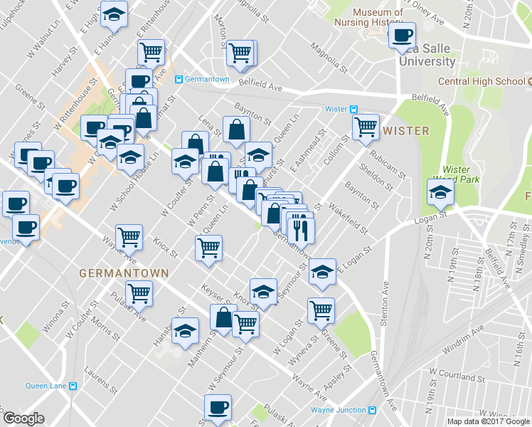 map of restaurants, bars, coffee shops, grocery stores, and more near 5213 Germantown Avenue in Philadelphia