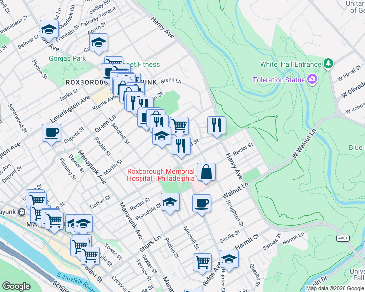 map of restaurants, bars, coffee shops, grocery stores, and more near 521 Monastery Avenue in Philadelphia