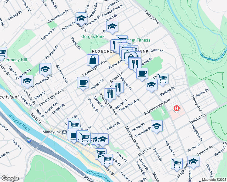 map of restaurants, bars, coffee shops, grocery stores, and more near 389 Conarroe Street in Philadelphia