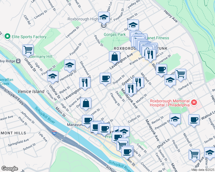 map of restaurants, bars, coffee shops, grocery stores, and more near 325 Krams Avenue in Philadelphia