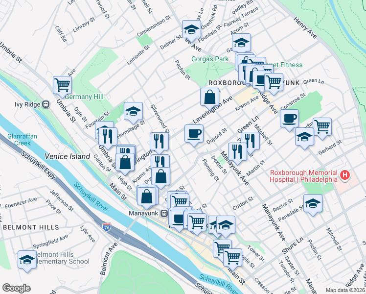 map of restaurants, bars, coffee shops, grocery stores, and more near 4582 Fleming Street in Philadelphia