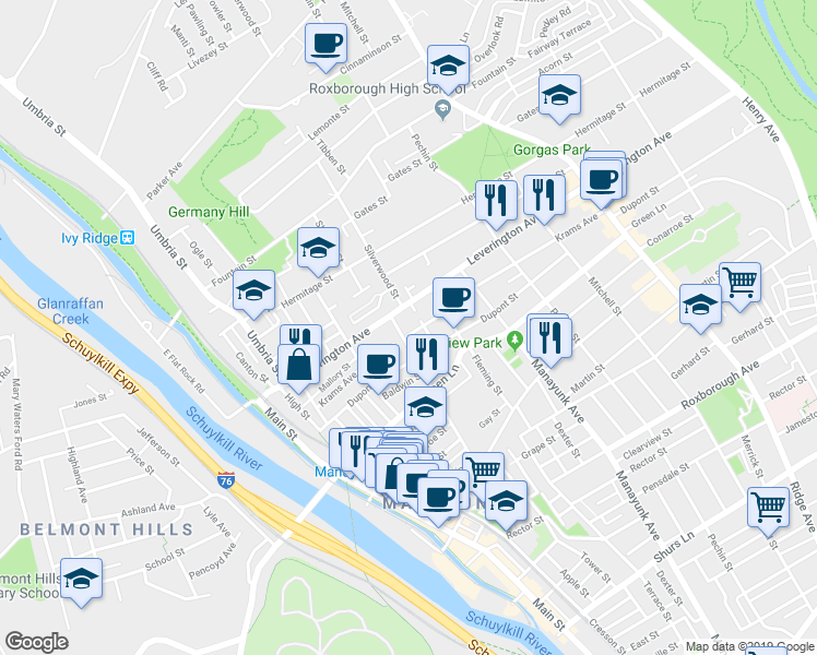 map of restaurants, bars, coffee shops, grocery stores, and more near 296 Leverington Avenue in Philadelphia