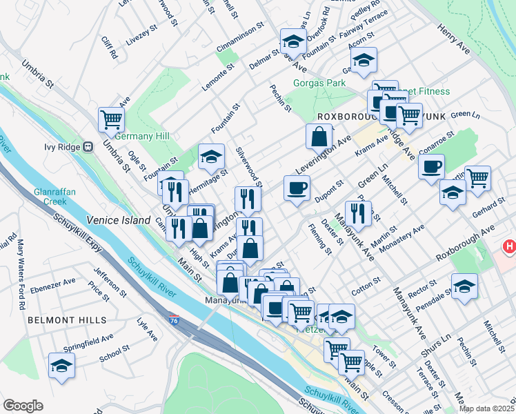 map of restaurants, bars, coffee shops, grocery stores, and more near 4598 Silverwood Street in Philadelphia