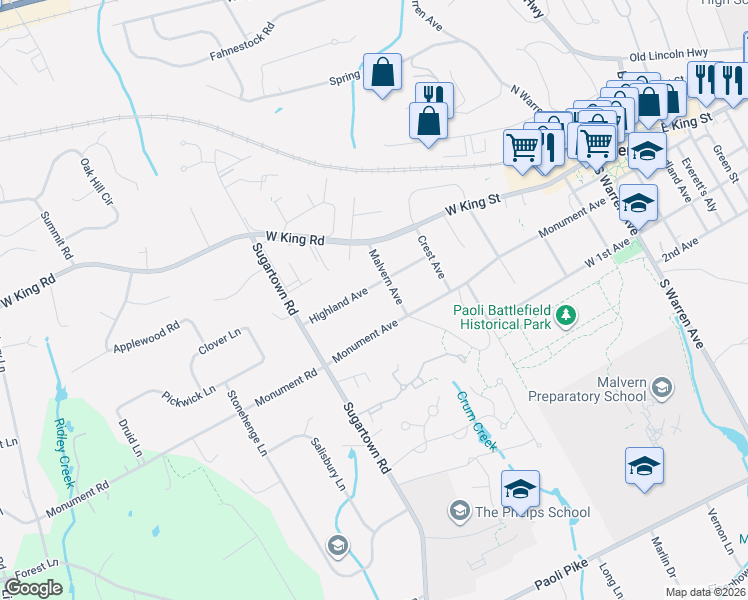 map of restaurants, bars, coffee shops, grocery stores, and more near 40 Malvern Avenue in Malvern