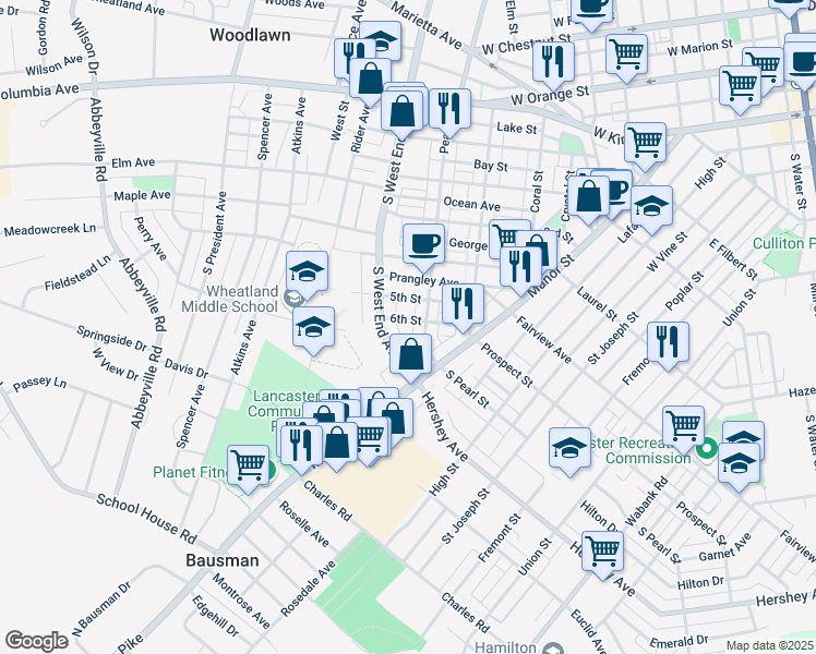 map of restaurants, bars, coffee shops, grocery stores, and more near 818 5th Street in Lancaster