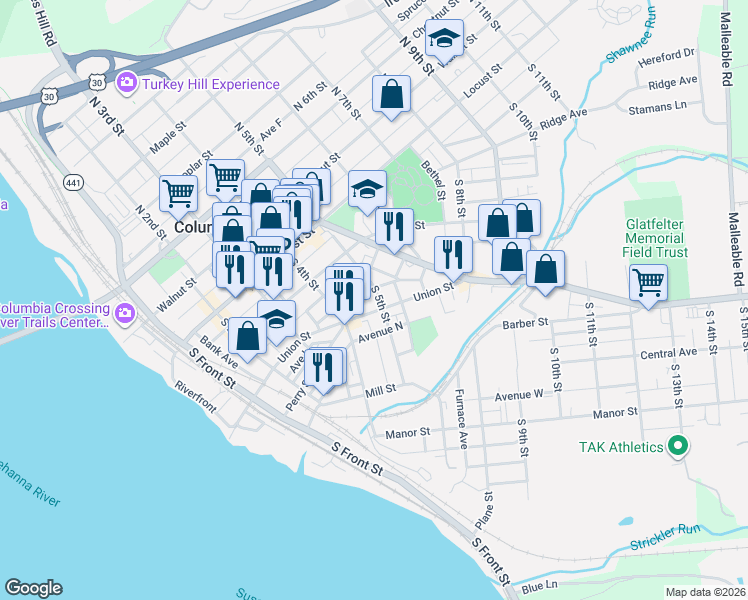 map of restaurants, bars, coffee shops, grocery stores, and more near 111 Elbow Avenue in Columbia