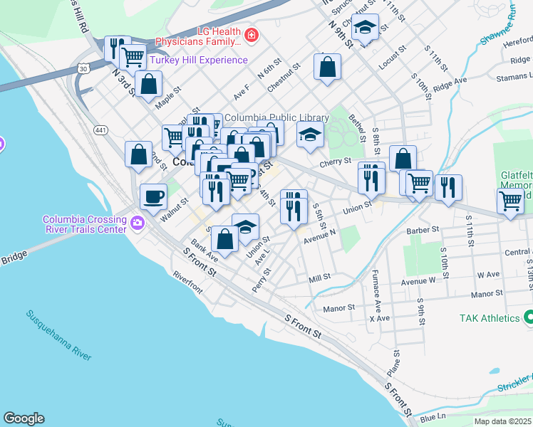 map of restaurants, bars, coffee shops, grocery stores, and more near 353 Cherry Street in Columbia