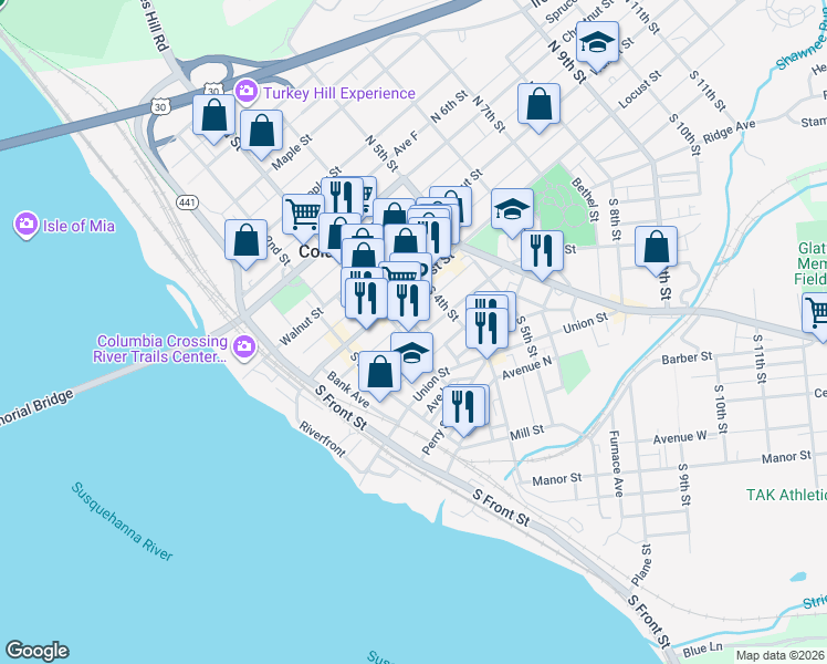 map of restaurants, bars, coffee shops, grocery stores, and more near 336 Locust Street in Columbia