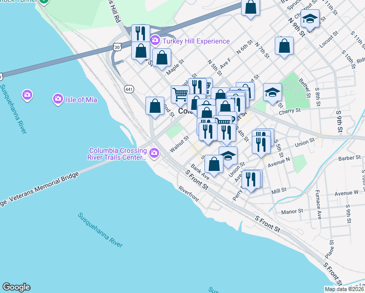 map of restaurants, bars, coffee shops, grocery stores, and more near 147 Walnut Street in Columbia