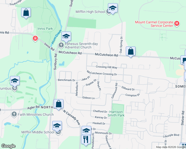map of restaurants, bars, coffee shops, grocery stores, and more near 3203 Crossing Hill Way in Columbus
