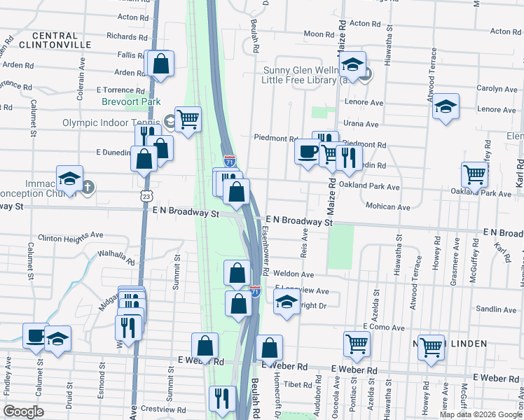 map of restaurants, bars, coffee shops, grocery stores, and more near 3296 Eisenhower Road in Columbus