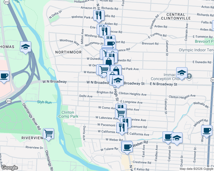 map of restaurants, bars, coffee shops, grocery stores, and more near 3417 North High Street in Columbus