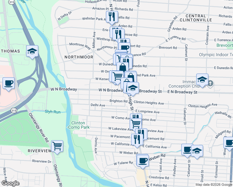 map of restaurants, bars, coffee shops, grocery stores, and more near 3417 North High Street in Columbus