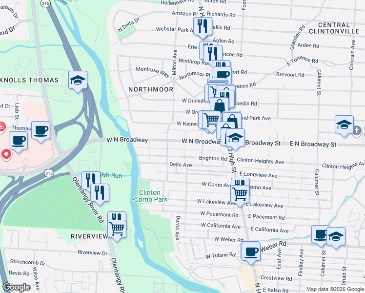 map of restaurants, bars, coffee shops, grocery stores, and more near 162 West North Broadway in Columbus