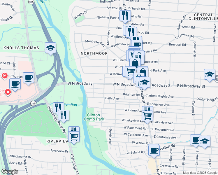 map of restaurants, bars, coffee shops, grocery stores, and more near 162 W North Broadway St in Columbus