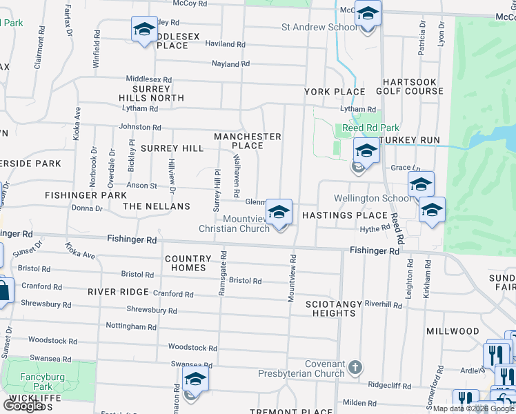 map of restaurants, bars, coffee shops, grocery stores, and more near 3753 Woodbridge Road in Columbus