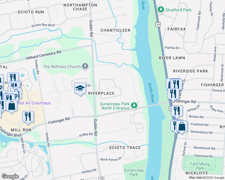 map of restaurants, bars, coffee shops, grocery stores, and more near 3824 Riverwatch Lane in Columbus