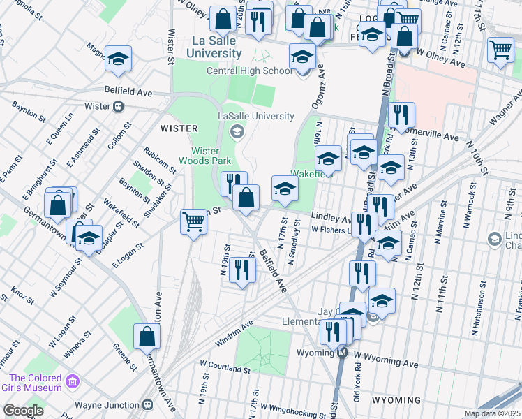 map of restaurants, bars, coffee shops, grocery stores, and more near 1806 Lindley Avenue in Philadelphia