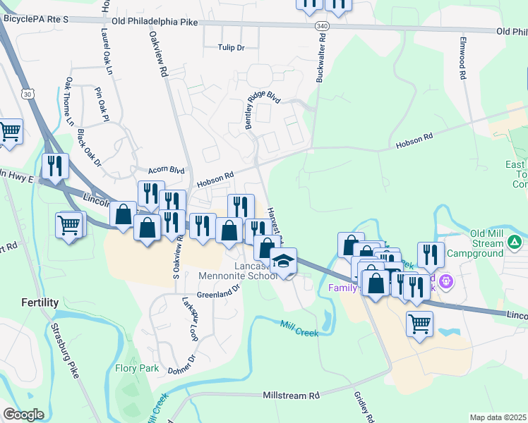 map of restaurants, bars, coffee shops, grocery stores, and more near 36 Harvest Road in Lancaster
