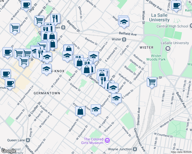 map of restaurants, bars, coffee shops, grocery stores, and more near 17 East Ashmead Street in Philadelphia
