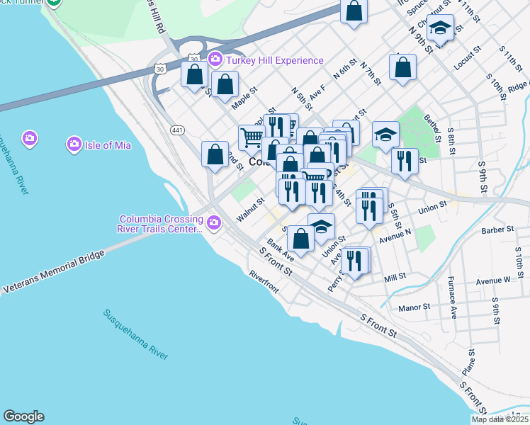 map of restaurants, bars, coffee shops, grocery stores, and more near 214 Walnut Street in Columbia