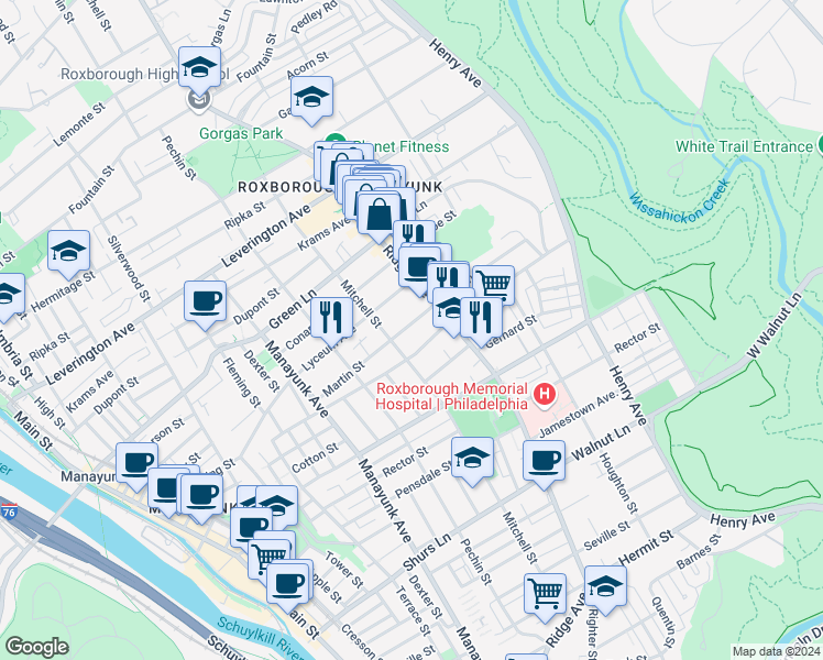 map of restaurants, bars, coffee shops, grocery stores, and more near 465 Martin Street in Philadelphia