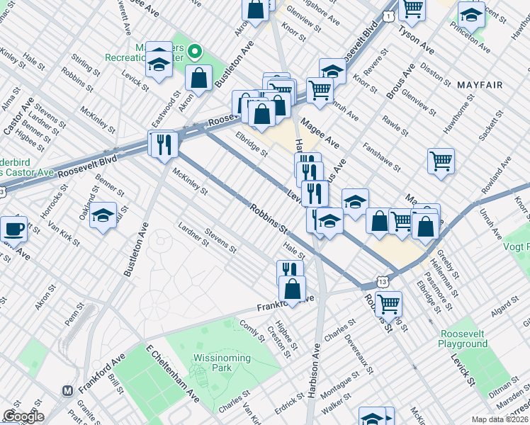 map of restaurants, bars, coffee shops, grocery stores, and more near 6322 Revere Street in Philadelphia
