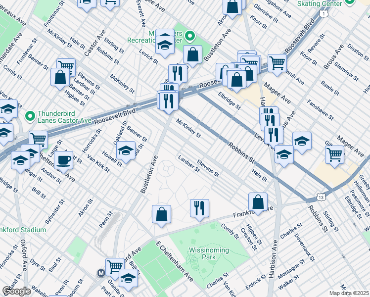 map of restaurants, bars, coffee shops, grocery stores, and more near 2105 Stevens Street in Philadelphia