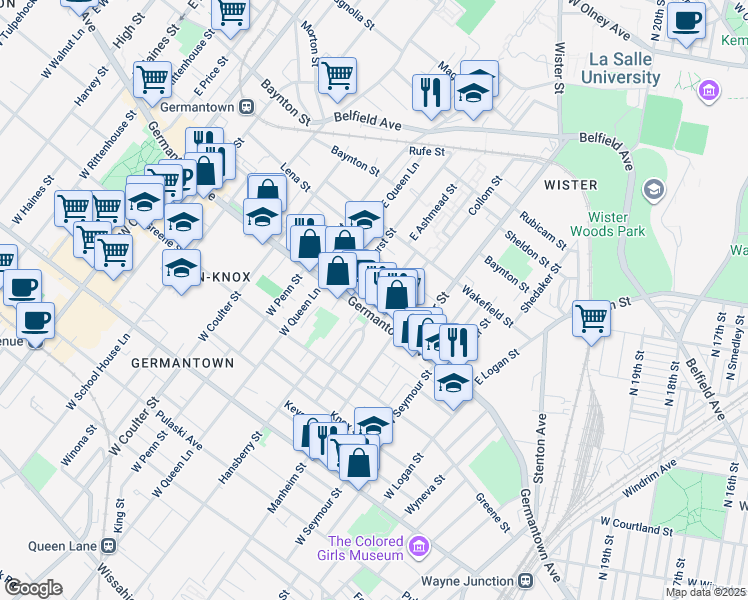 map of restaurants, bars, coffee shops, grocery stores, and more near 17 East Ashmead Street in Philadelphia